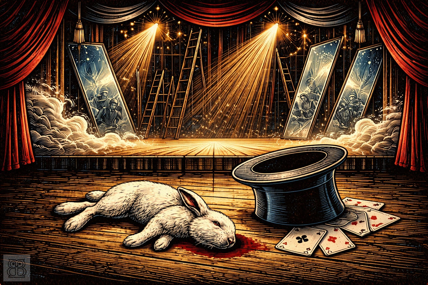 A stage with smoke and mirrors. downstage a white rabbit lies dead next to a discarded magicians hat. Playing cards are strewn on the floor.