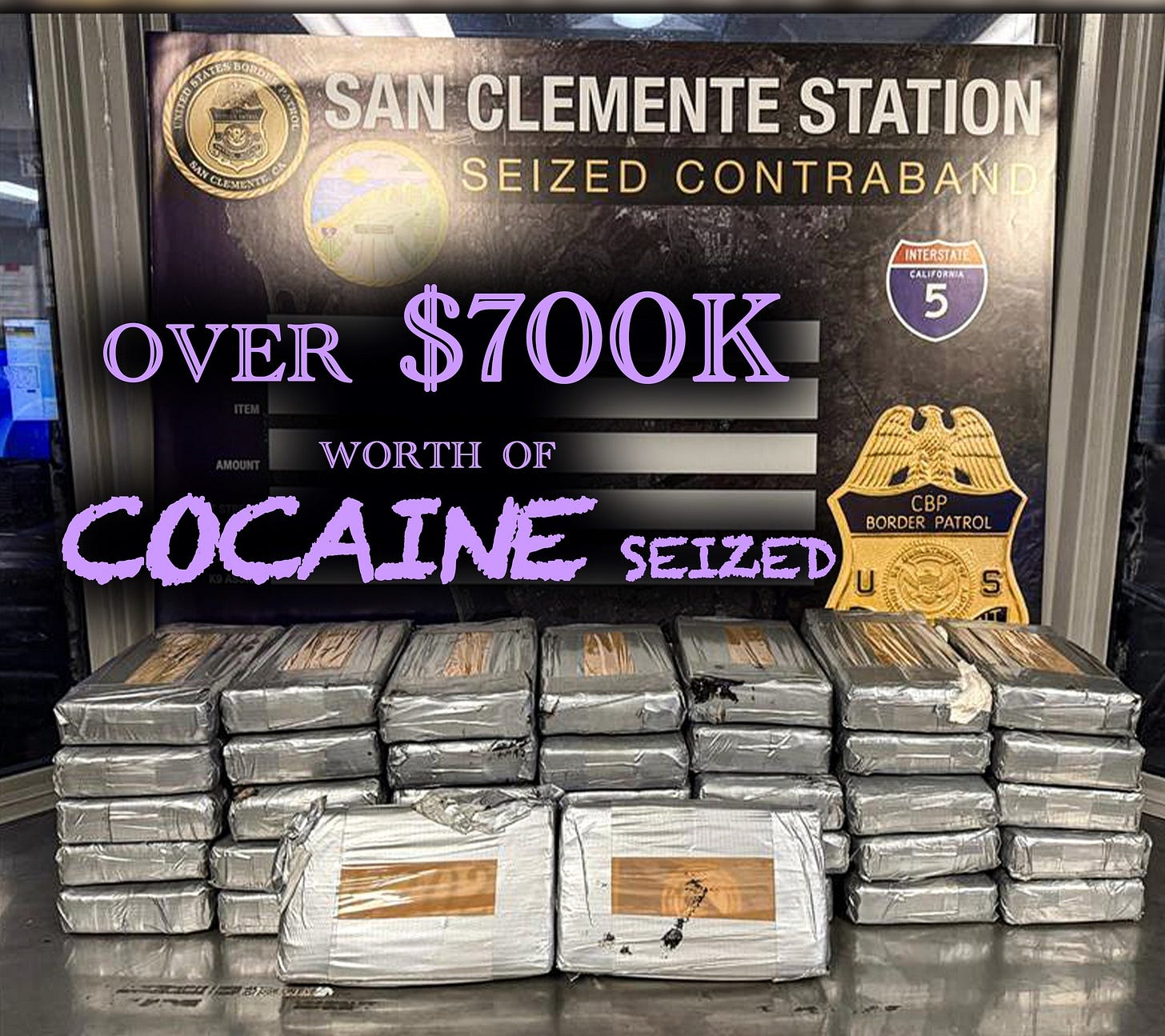 A Mexican citizen in the US on a visitor's visa was caught smuggling a 100-pound load of cocaine in San Clemente, CA, on July 9, 2025.