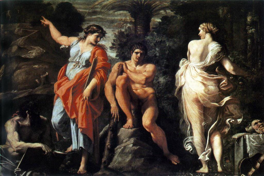 Annibale Carracci, Hercules at the Crossroads (Choice of Hercules) (1596). Public domain, via Wikimedia Commons. Annibale Carracci, Hercules at the Crossroads (Choice of Hercules) (1596). Public domain, via Wikimedia Commons.