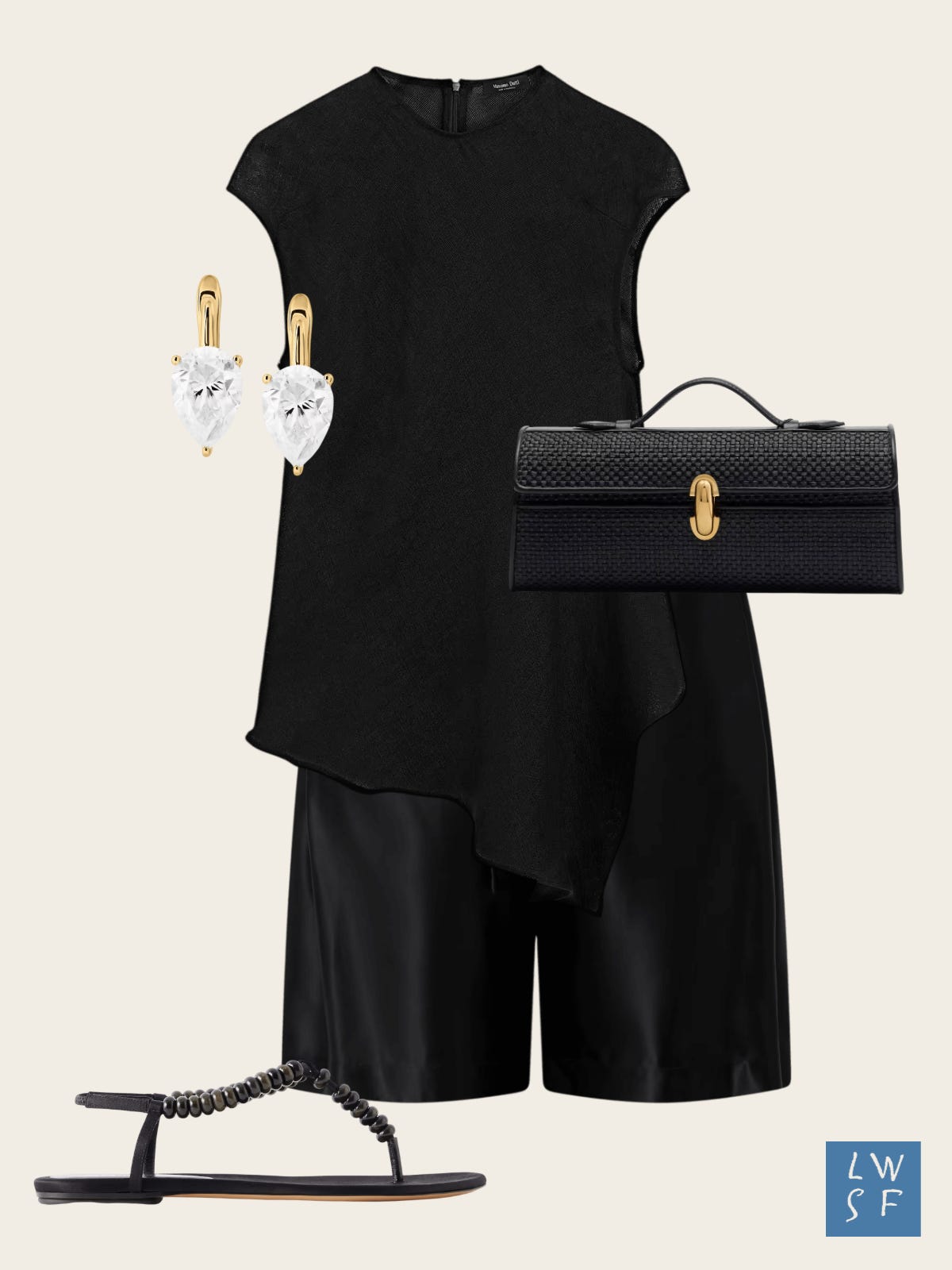 Summer outfit idea: black asymmetric linen top, black silk bermuda shorts, black woven leather baguette bag, black beaded thong sandals, gold and crystal heart drop earrings