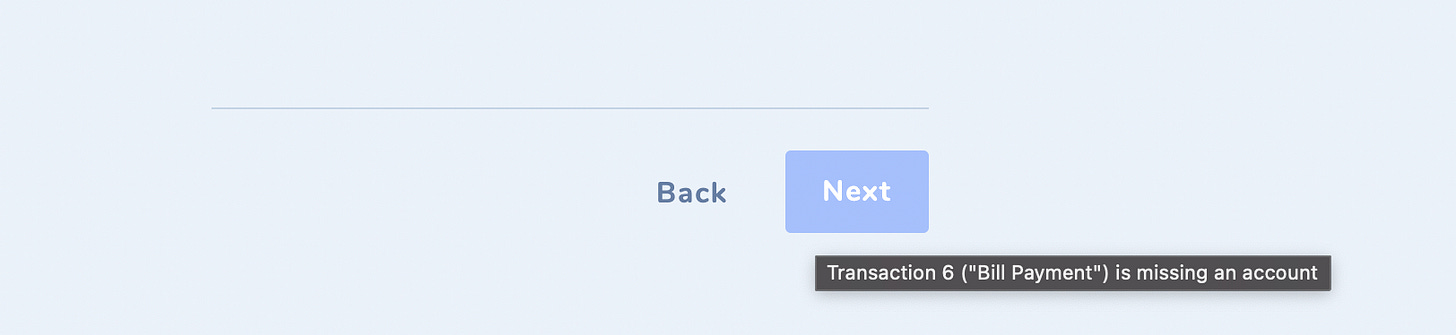 An example of hovering over the disabled Next button to get a mouse tooltip.
