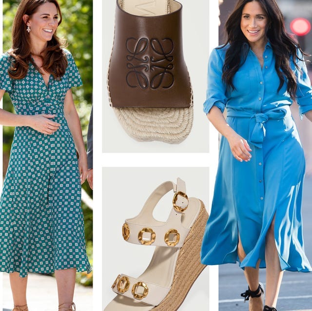 a collage of the best espadrilles for women inspired by kate middleton meghan markle princess diana royals fashion