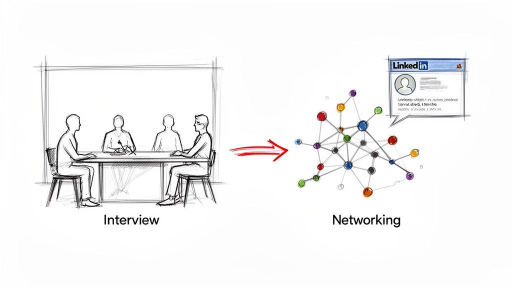 Sketch illustrating the transition from a job interview setting to a digital professional networking diagram, featuring LinkedIn. Sketch illustrating the transition from a job interview setting to a digital professional networking diagram, featuring LinkedIn.