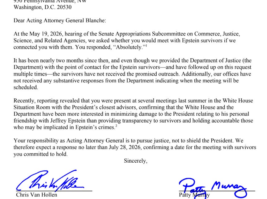 On Eve of Confirmation Hearing, Senate Democrats Demand Todd Blanche Meet with Epstein Survivors