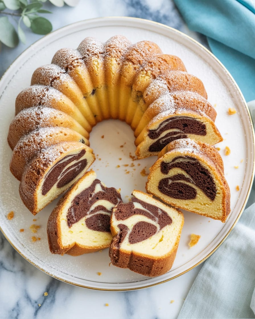 old fashioned marble cake on white plate