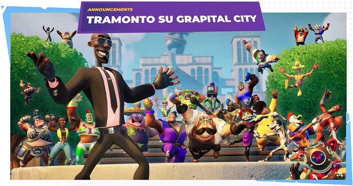 Alcuni personaggi del gioco Rumbleverse e il titolo "Sunset on Grapital City", "Tramonto su Grapital City".