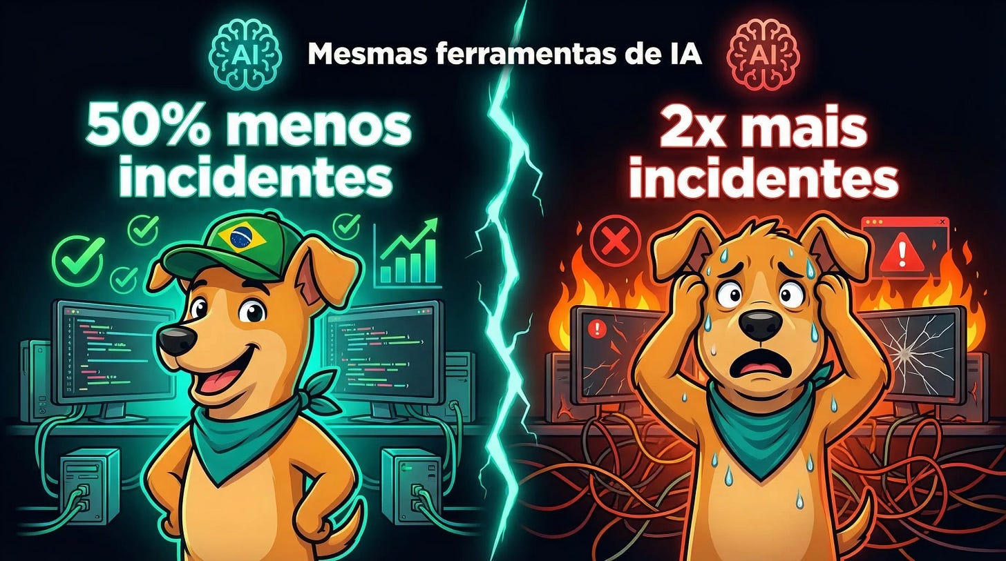 Mesmas ferramentas de IA. 50% menos incidentes vs 2x mais incidentes
