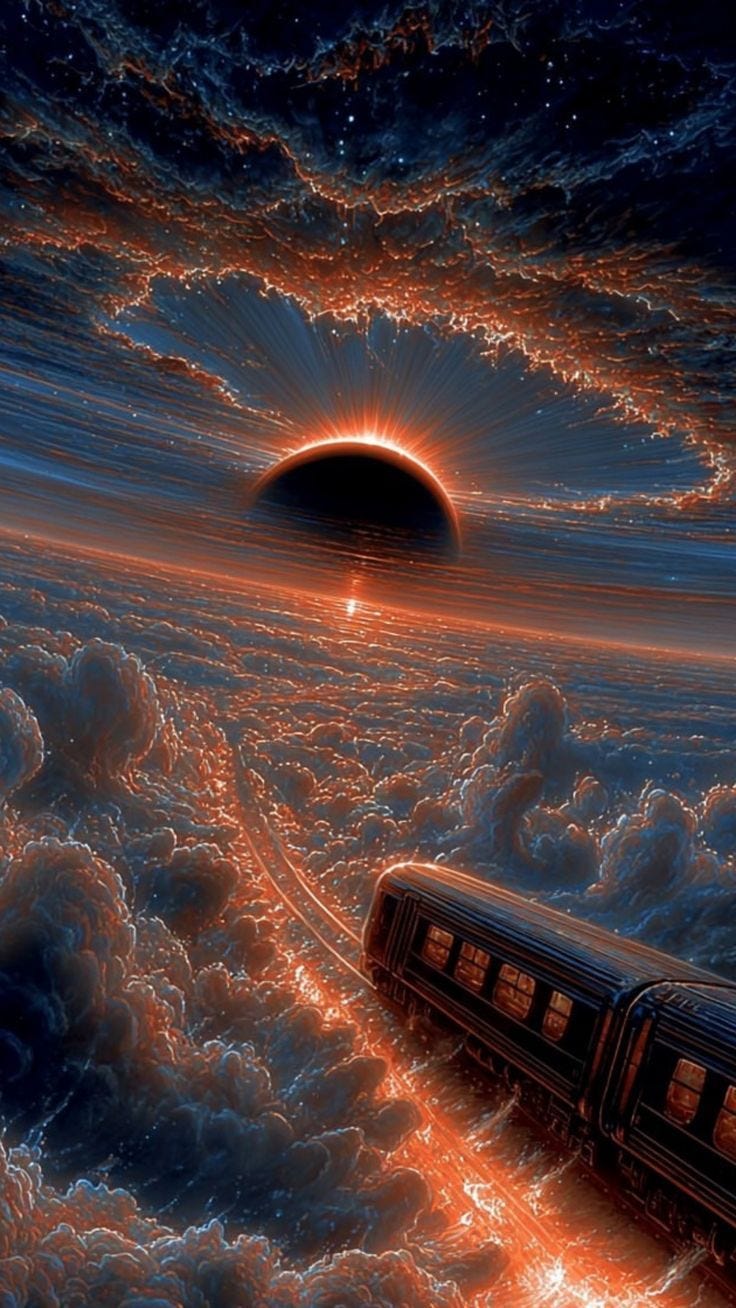 This may contain: an image of a train going through the clouds with a sun in the sky behind it