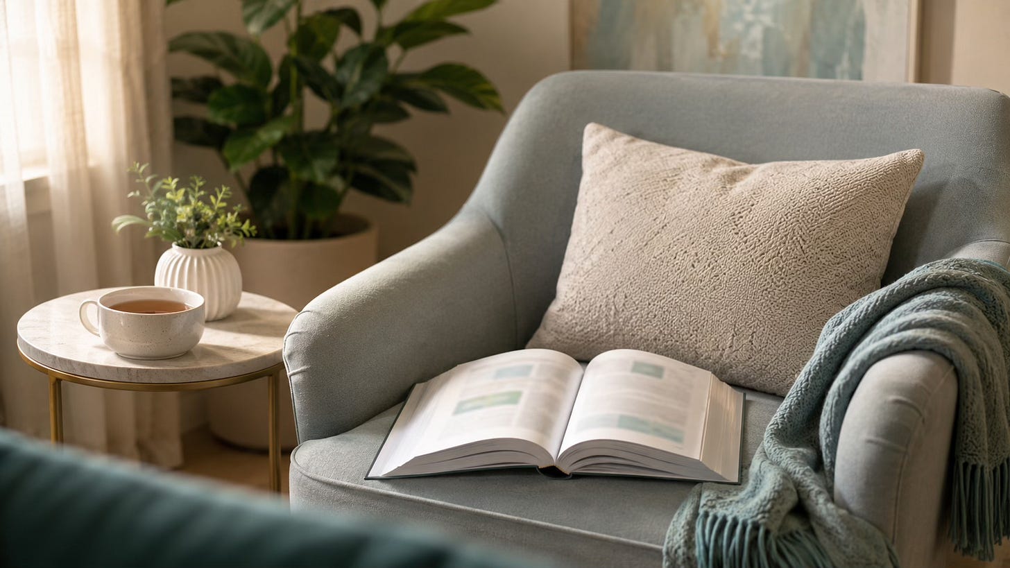 Open training book on a soft chair beside a cup of tea, suggesting professional learning and reflective study.