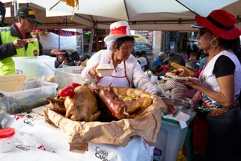 Six images showing scenes from San Francisco Plaza on Corpus Christi where vendors offering large heaps of Chiriuchu.