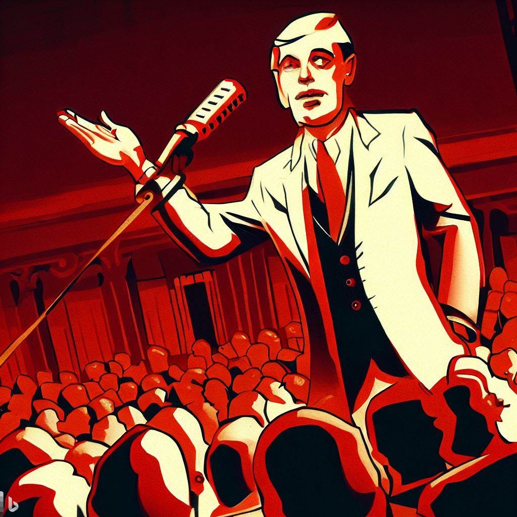 A populist politician on a town hall meeting, 1930s cartoon, art deco, red tones A populist politician on a town hall meeting, 1930s cartoon, art deco, red tones