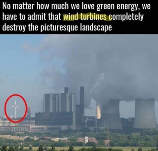 May be an image of text that says 'No matter how much we love green energy, we have to admit that wind turbines completely destroy the picturesque landscape FIUR mmmm .mil mli'