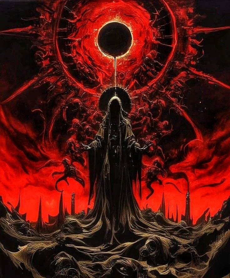 This may contain: a man standing in front of a red and black background with the sun above him This may contain: a man standing in front of a red and black background with the sun above him