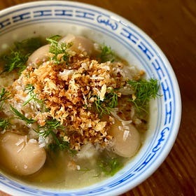 Big beans in caramelized onion + lemon broth