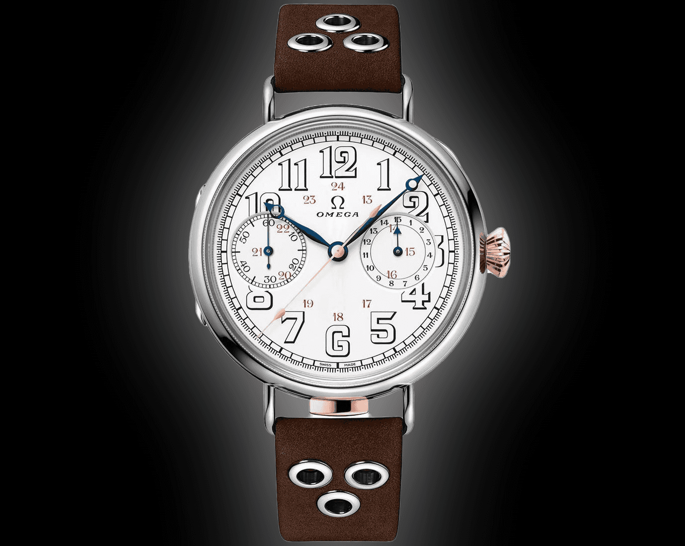 Omega 516.52.48.30.04.001 watch with white dial, blue hands, and brown strap.