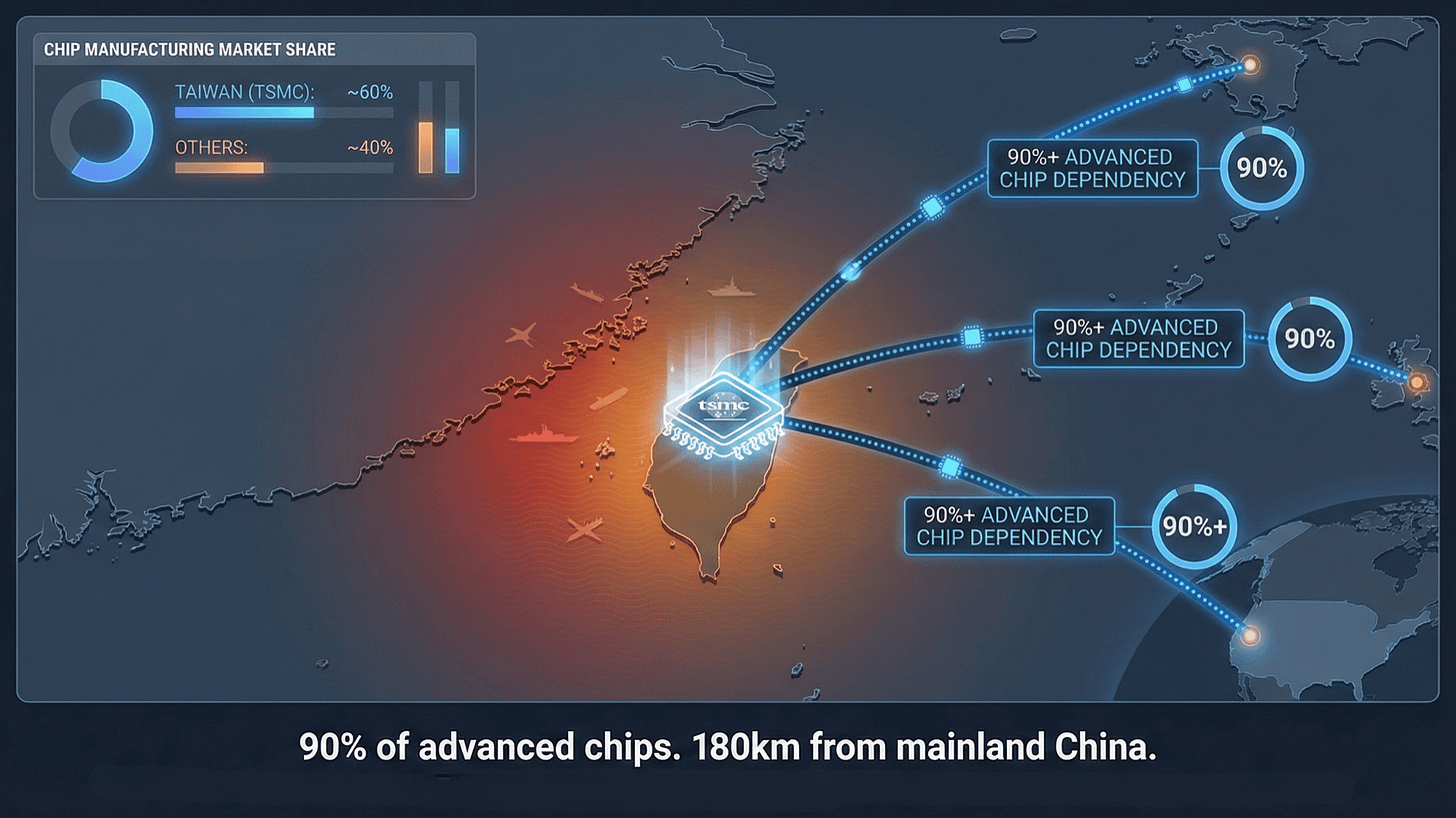 Map showing Taiwan Strait with TSMC facility and global supply chain dependencies, highlighting 90%+ market share in advanced semiconductors.