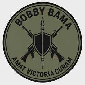 Original circular Bobby Bama patch concept with a central shield and spear, crossed modern rifles, and the Latin motto Amat Victoria Curam.