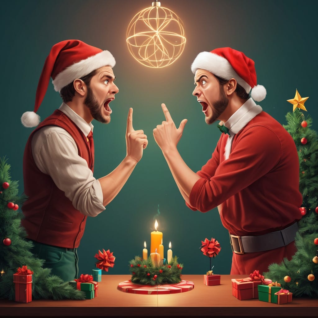 Depict 2 people arguing at christmas