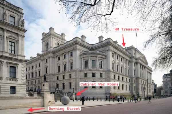 HM Treasury today. The Cabinet War Rooms location is marked, with the rear of Downing Street 150 yards to the left.