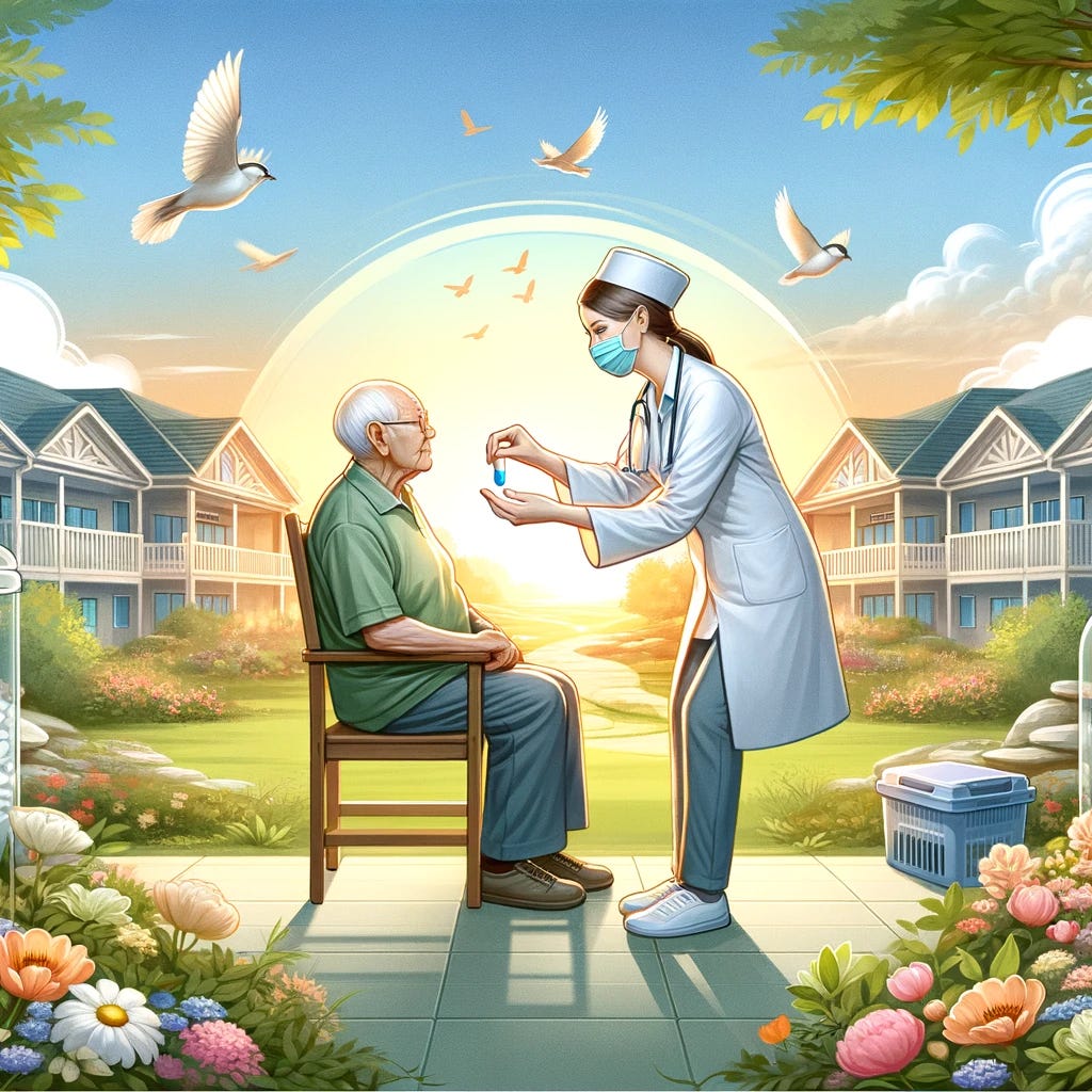 An illustration showing a serene nursing home environment with a clear sky and a medical professional handing a pill to an elderly patient in an outdoor setting, symbolizing hope and care. The scene is set in a peaceful garden within the nursing home premises, with flowers blooming and birds flying in the background, emphasizing the importance of healthcare and the well-being of the elderly during the pandemic. The image should convey a sense of optimism, care, and the potential for recovery through medical intervention, without showing any alphabets or numbers.
