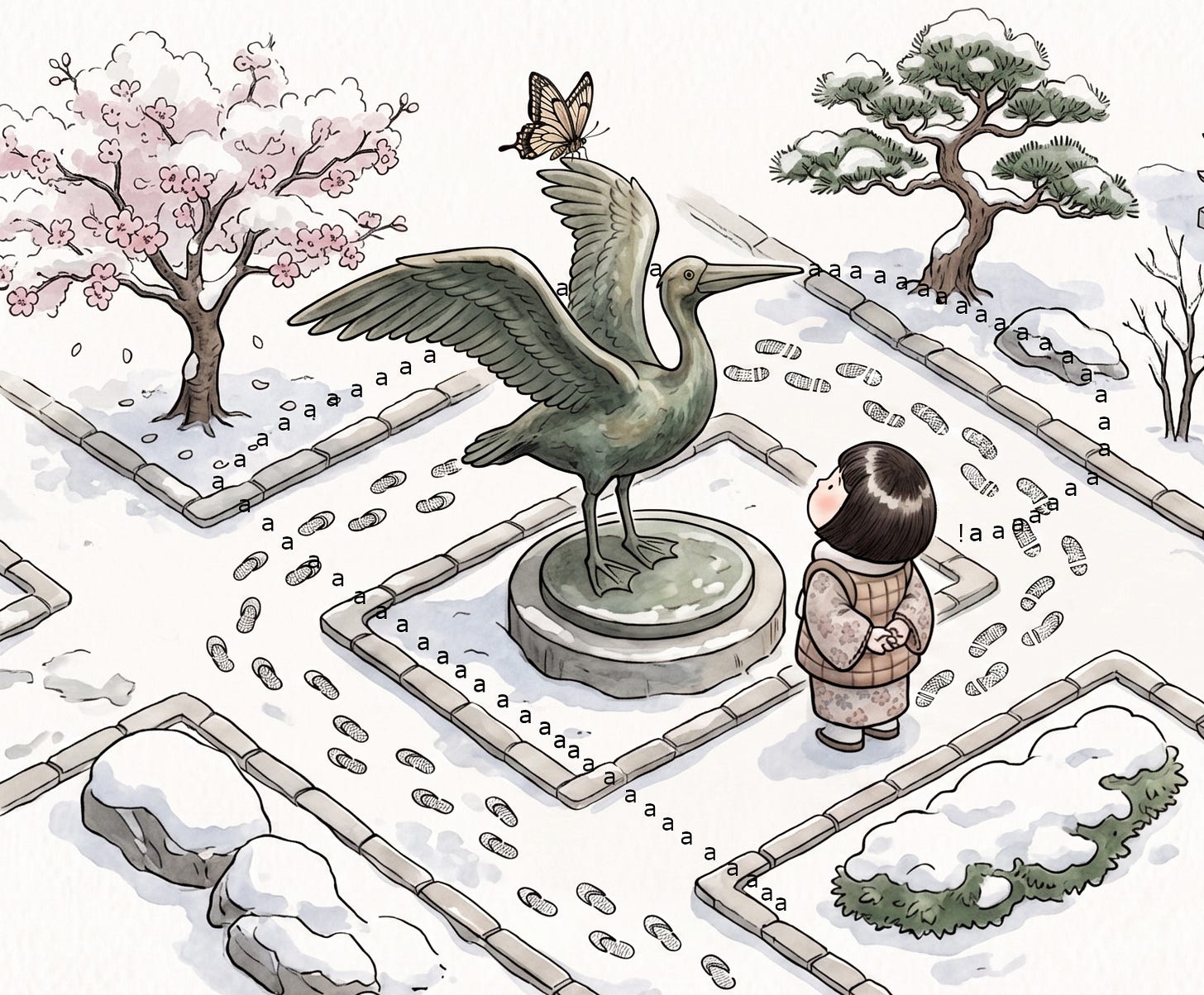 Cropped image of girl in Japanese-style garden, with the letters "aaaa!" trailing her walking path to indicate she is in emotional distress despite the apparently peaceful setting Cropped image of girl in Japanese-style garden, with the letters "aaaa!" trailing her walking path to indicate she is in emotional distress despite the apparently peaceful setting