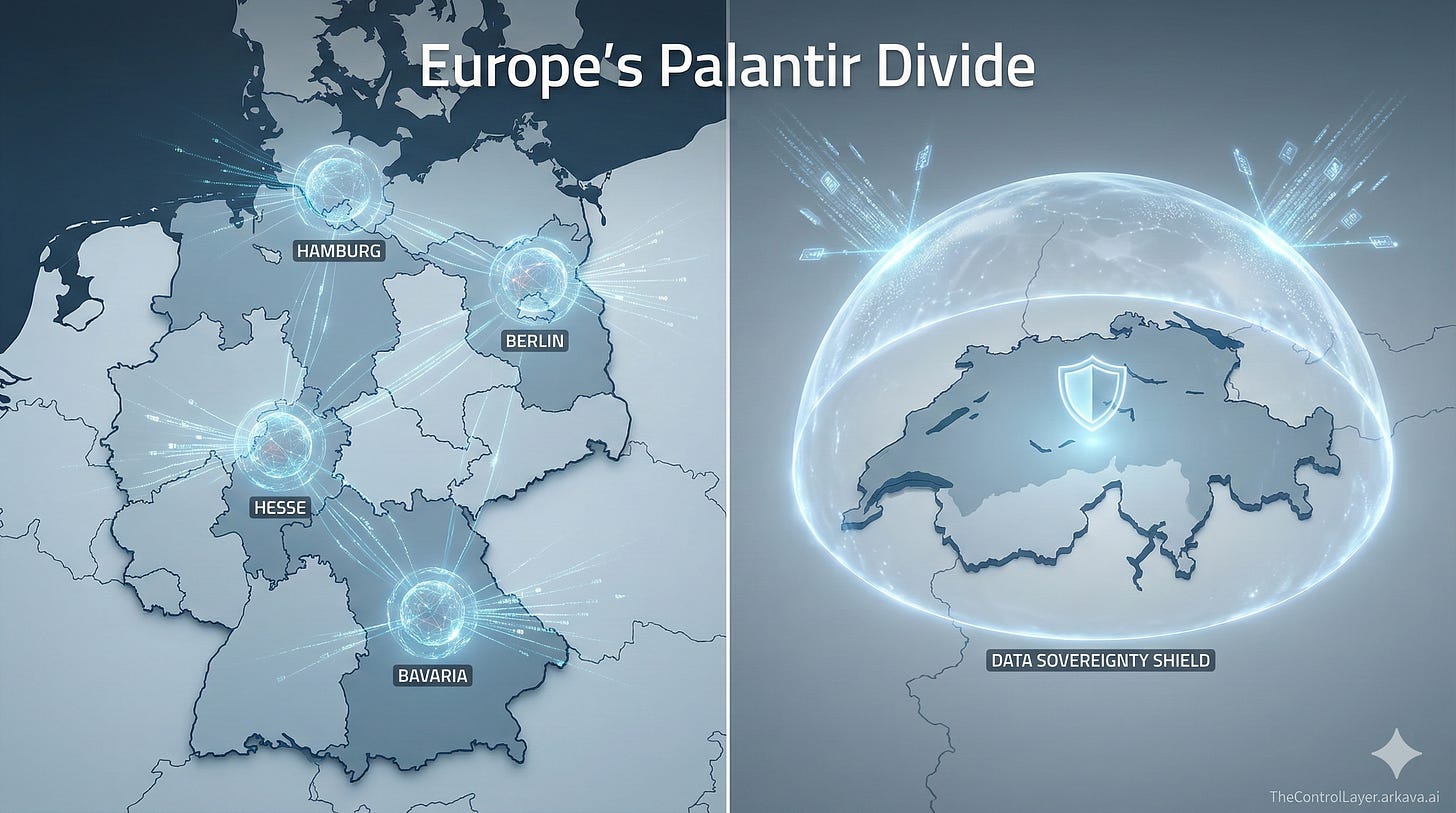 Split image showing Germany with Palantir adoption nodes versus Switzerland under a protective dome