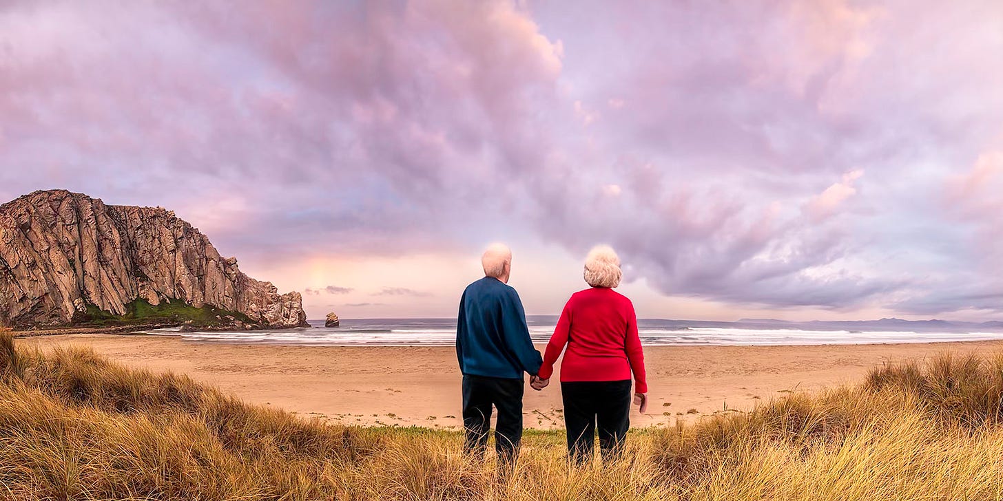 Seniors enjoying a fantastic sunset knowing there will not be very many more at 80-years old. Morro Bay California Seniors enjoying a fantastic sunset knowing there will not be very many more at 80-years old. Morro Bay California