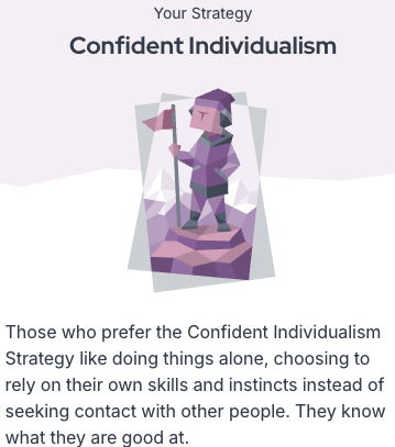 Personality strategy: Confident Individualism — independent individuals who rely on their own skills and instincts, preferring to work alone rather than seek frequent social interaction, with strong self-awareness.