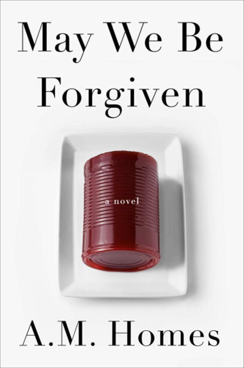 Cover of May We Be Forgiven by A.M. Homes, featuring can-shaped cranberry jelly on a white background