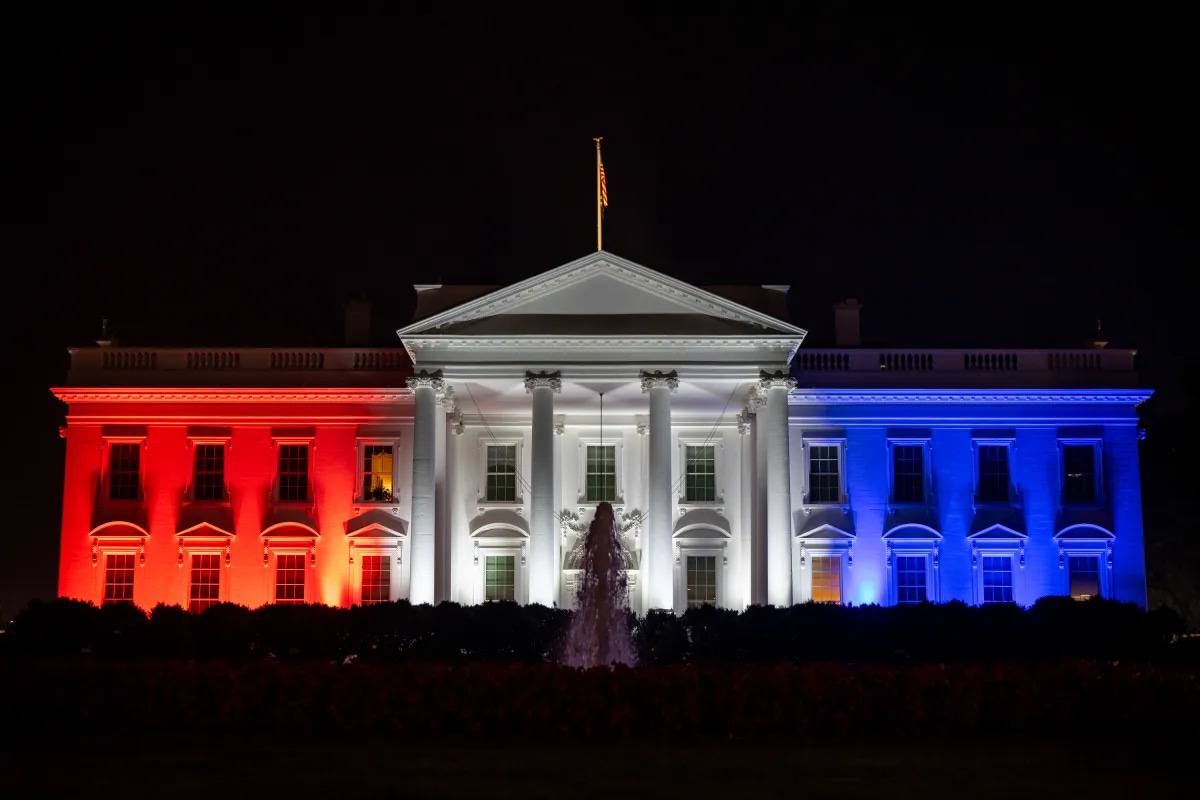 Official White House photo of the White House lit up in red, white, and blue colors for Independence Day, July 4, 2025 (whitehouse.gov). Official White House photo of the White House lit up in red, white, and blue colors for Independence Day, July 4, 2025 (whitehouse.gov).