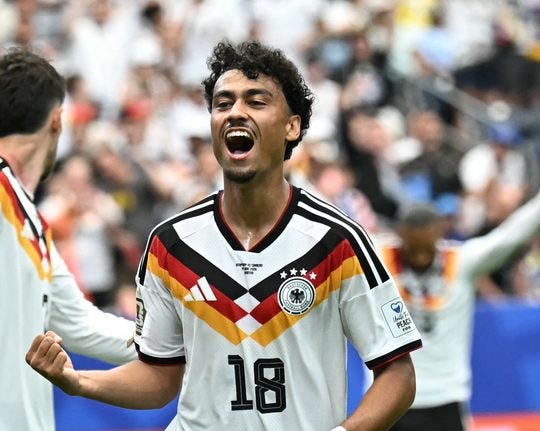 Nathaniel Brown celebrates after scoring a goal during the 2026 World Cup Group E match between Germany and Curaçao at Houston Stadium.