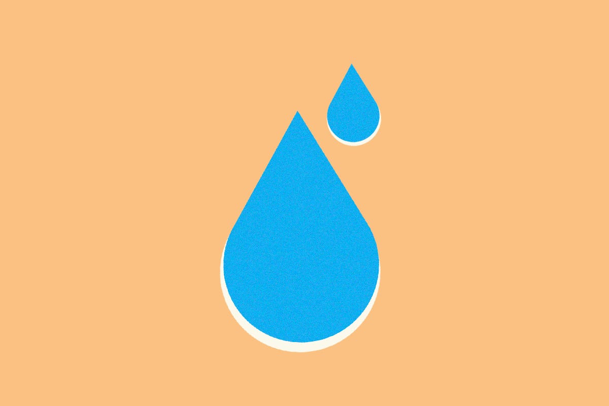 Ilustração de duas gotas de água azuis sobre um fundo em tom creme.