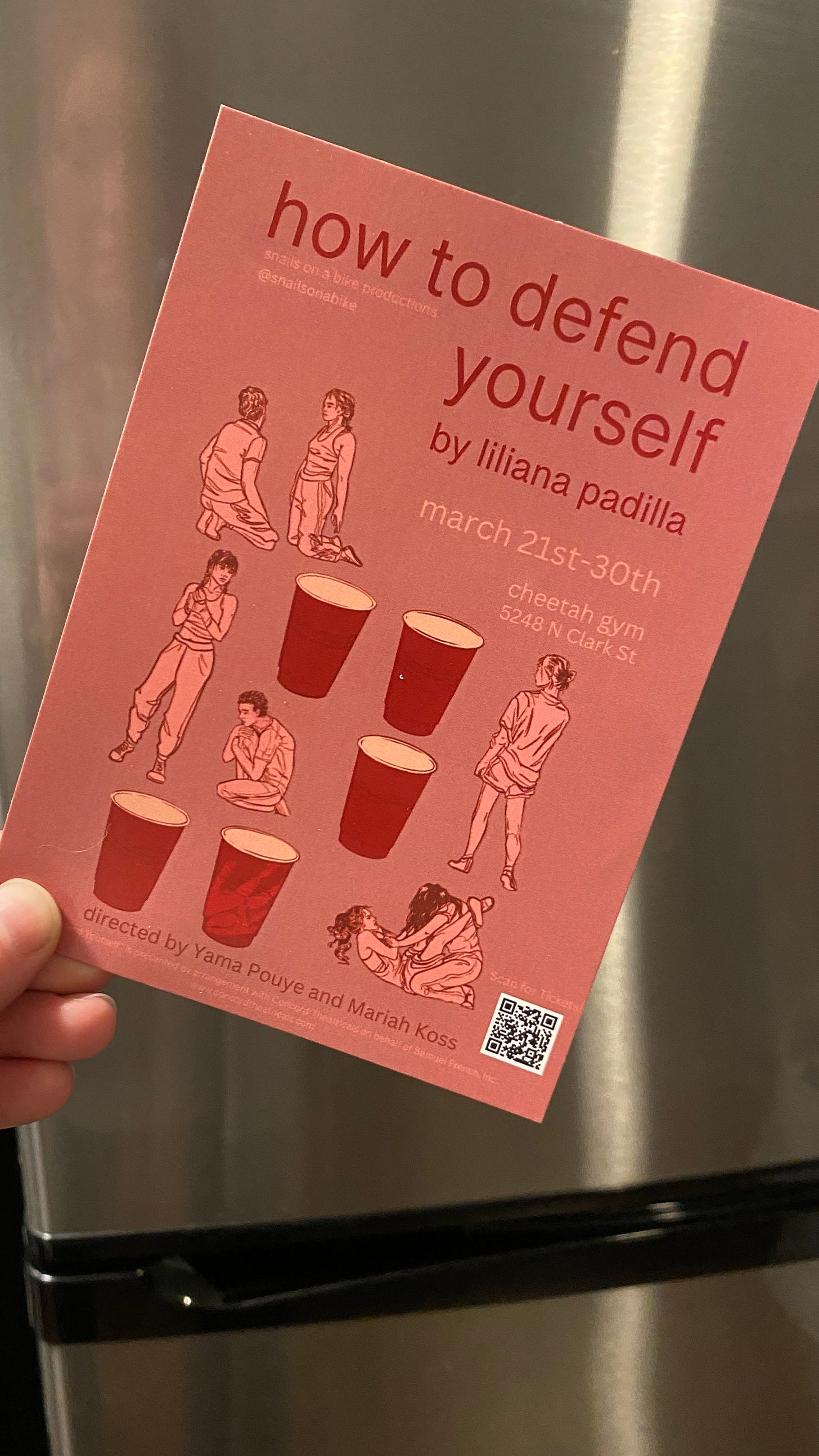 marketing flyer for how to defend yourself by liliana padilla featuring handrawn people and red solo cups. 