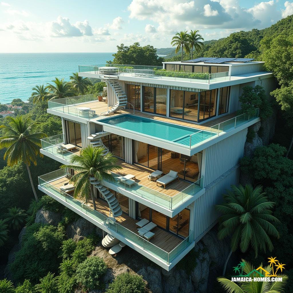 A futuristic, multi-story container house with sleek industrial lines, floor-to-ceiling glass walls, and cantilevered modules, set against the vibrant urban backdrop of Kingston, Jamaica. The rooftop infinity pool blends seamlessly into the turquoise Caribbean sky, while balconies on each level are lush with tropical greenery. A central spiral staircase connects the spaces, with solar panels integrated into the roof. The house is surrounded by lush tropical landscaping, with palm trees swaying in the breeze. Inspired by the cinematic styles of Denis Villeneuve, Neill Blomkamp, and Ridley Scott
