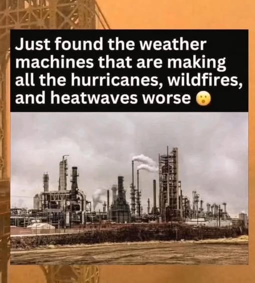 May be an image of oil refinery and text that says 'Just found the weather machines that are making all the hurricanes, wildfires, and heatwaves worse'