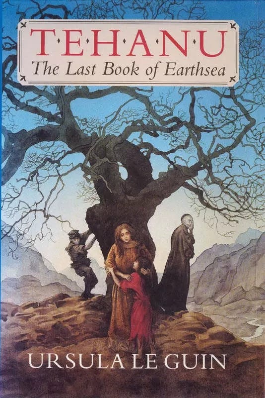 The original book cover of 'Tehanu: The Last Book of Earthsea' by Ursula K. Le Guin. The illustration shows a weathered, ancient tree on a rocky landscape, with three figures clustered at its base and a robed figure turning away. The title is in large red letters.