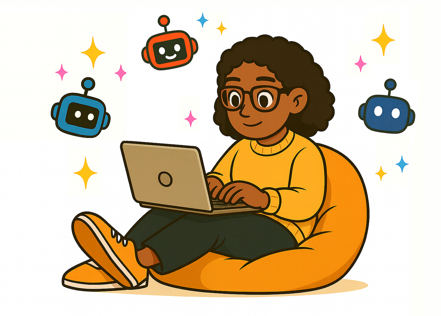 illustration of a developer on a laptop with three friendly robot icons and sparkles around her.