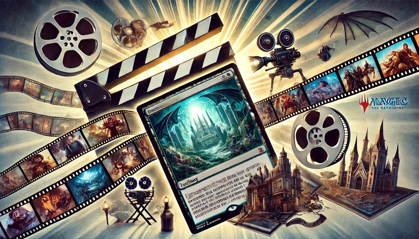 A dramatic composition blending Magic: The Gathering's fantasy elements with Hollywood filmmaking. In the foreground, an iconic Magic card is transforming into a film strip, with scenes from different Magic planes emerging from it. The art style merges traditional fantasy card illustration with cinematic elements such as spotlights, camera reels, and director's chairs. Ravnica's gothic architecture and Innistrad's dark, eerie atmosphere appear from the card-film hybrid. The overall style references vintage movie posters with bold typography and classic Magic card illustrations, creating a fusion of fantasy and film aesthetics.