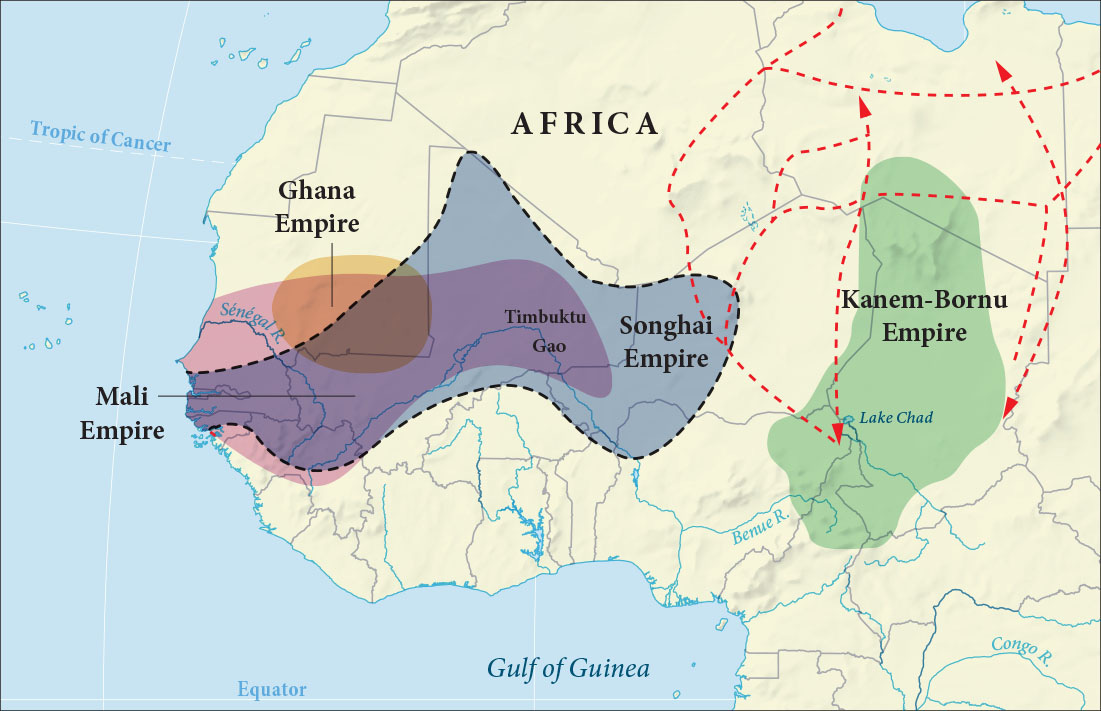 A map of north western Africa is shown. A circular area in western Africa is labeled ‘Ghana Empire.’ A pink area is labeled “Mali Empire” and stretches from the Atlantic to the middle of the map. The region overlaps with most of the region labeled “Ghana Empire.” A blue area is labeled “Songhai Empire.” It overlaps with the southeastern half of the Ghana Empire” and most of the Mali Empire. The Songhai Empire stretches beyond these empires farther north and east. The cities of Timbuktu and Gao are labeled and located in the overlap between the Mali Empire and the Songhai Empire. A green area is highlighted in the central part of northern Africa and labeled ‘Kanem-Bornu Empire.” There are red dashed lines going up, down, and across from the Kanem-Bornu Empire to northern Africa as well as to an eastern portion of the Songhai Empire. A map of north western Africa is shown. A circular area in western Africa is labeled ‘Ghana Empire.’ A pink area is labeled “Mali Empire” and stretches from the Atlantic to the middle of the map. The region overlaps with most of the region labeled “Ghana Empire.” A blue area is labeled “Songhai Empire.” It overlaps with the southeastern half of the Ghana Empire” and most of the Mali Empire. The Songhai Empire stretches beyond these empires farther north and east. The cities of Timbuktu and Gao are labeled and located in the overlap between the Mali Empire and the Songhai Empire. A green area is highlighted in the central part of northern Africa and labeled ‘Kanem-Bornu Empire.” There are red dashed lines going up, down, and across from the Kanem-Bornu Empire to northern Africa as well as to an eastern portion of the Songhai Empire.