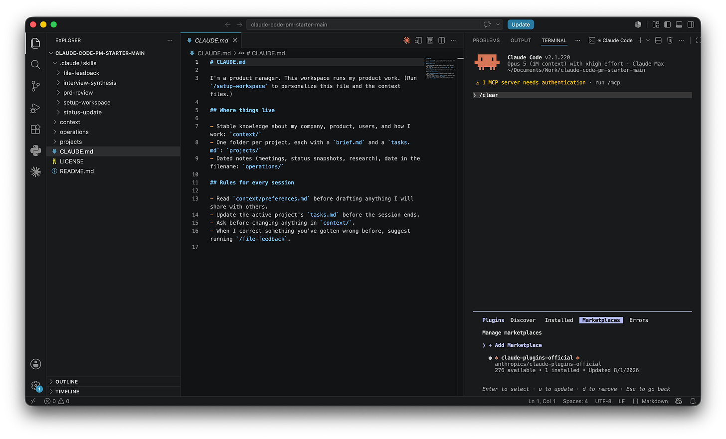 VS Code with Claude Code running in the right-side terminal. The plugins panel is open on the Marketplaces tab, showing the official Anthropic marketplace with 276 plugins available and an Add Marketplace option for adding more. VS Code with Claude Code running in the right-side terminal. The plugins panel is open on the Marketplaces tab, showing the official Anthropic marketplace with 276 plugins available and an Add Marketplace option for adding more.