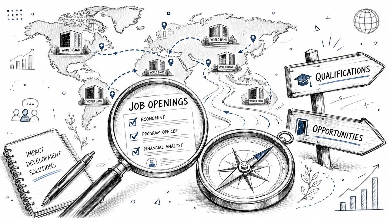 A conceptual illustration of global career opportunities at the World Bank featuring a map and magnifying glass. A conceptual illustration of global career opportunities at the World Bank featuring a map and magnifying glass.