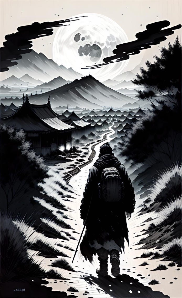 Black-and-white  illustration of a person walking down a narrow path toward an assemblage of tents and rudely built shelters with mountains in the background. Created by Frank Moone, using Dream.AI