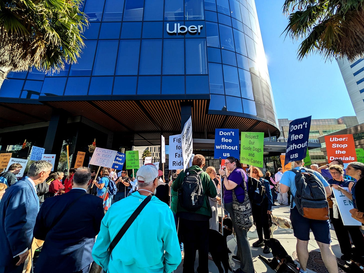 Protesters are seen outside of the Uber HQ on October 15 2024 in San Francisco CA.