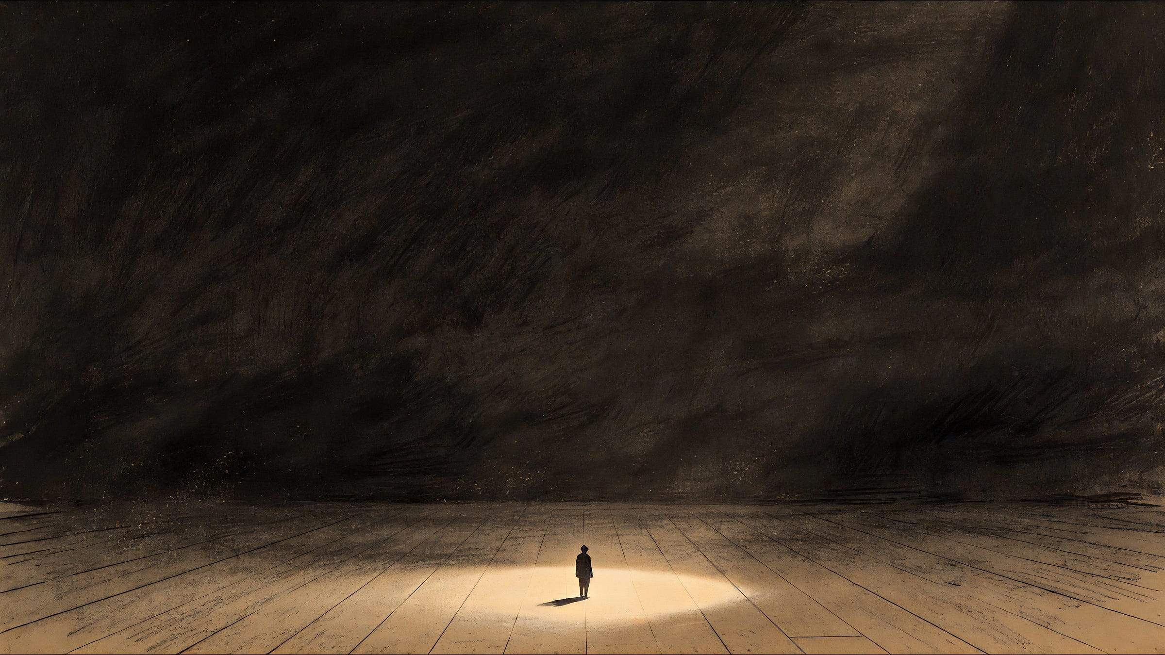 One tiny figure stands alone in a small pool of light on a bare, placeless floor. An enormous formless dark, without edge or shape, presses down and fills most of the frame. Warm-amber charcoal.