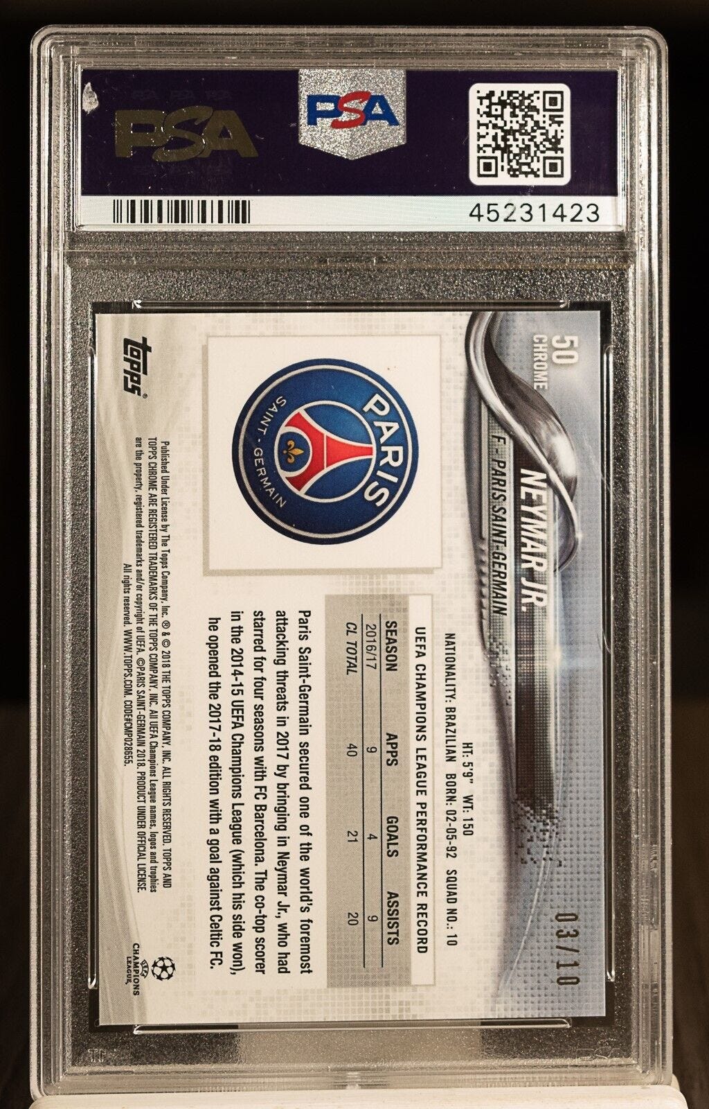 45231423 NEYMAR Jr. 2017 Topps Chrome CL 50 RUNNING Red Refractor 3/10 PSA 10 - Picture 2 of 2
