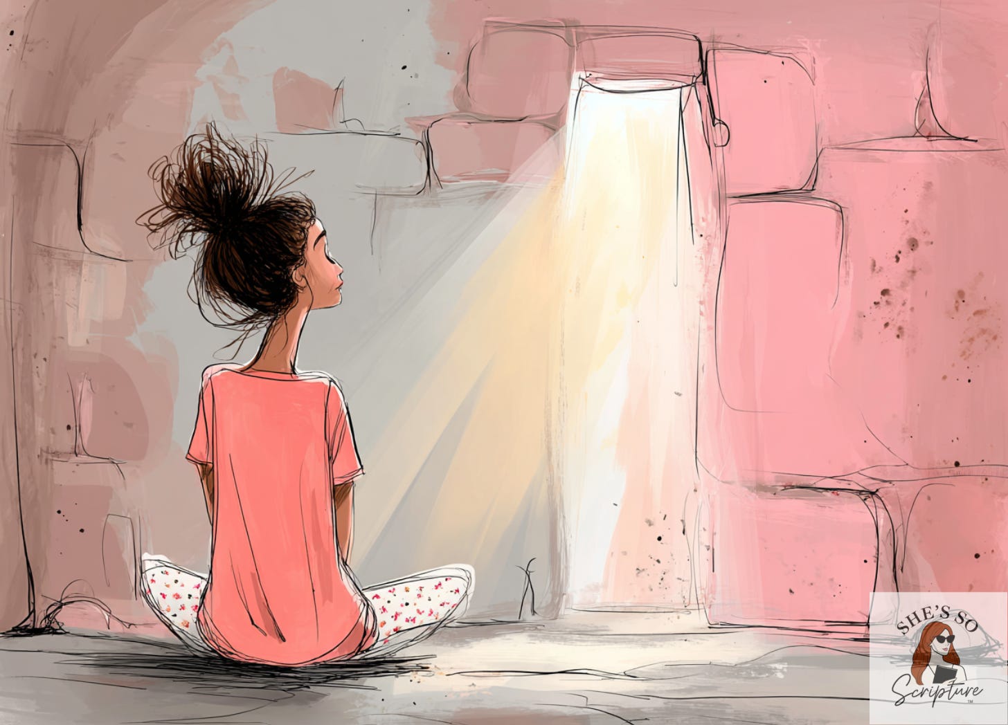 Watercolor illustration of a woman sitting peacefully in a dim room with light coming through a window, symbolizing God’s peace guarding the heart during hardship. Watercolor illustration of a woman sitting peacefully in a dim room with light coming through a window, symbolizing God’s peace guarding the heart during hardship.