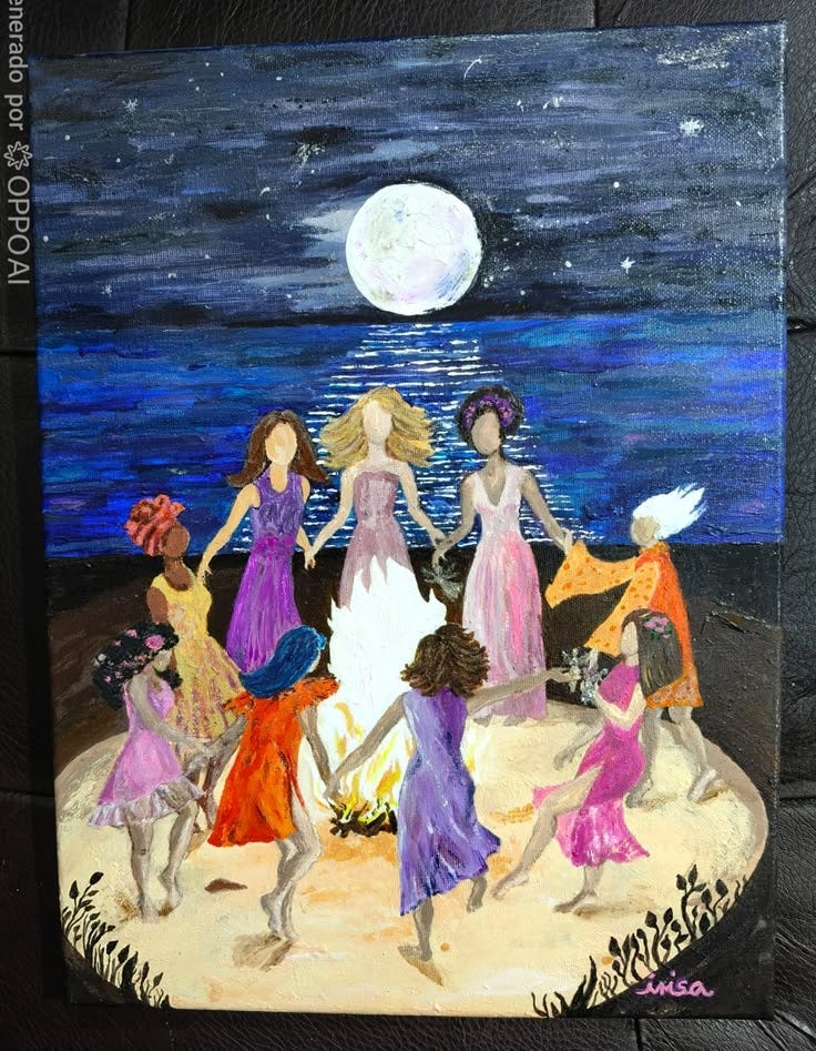 This may contain: a painting of women dancing on the beach at night This may contain: a painting of women dancing on the beach at night