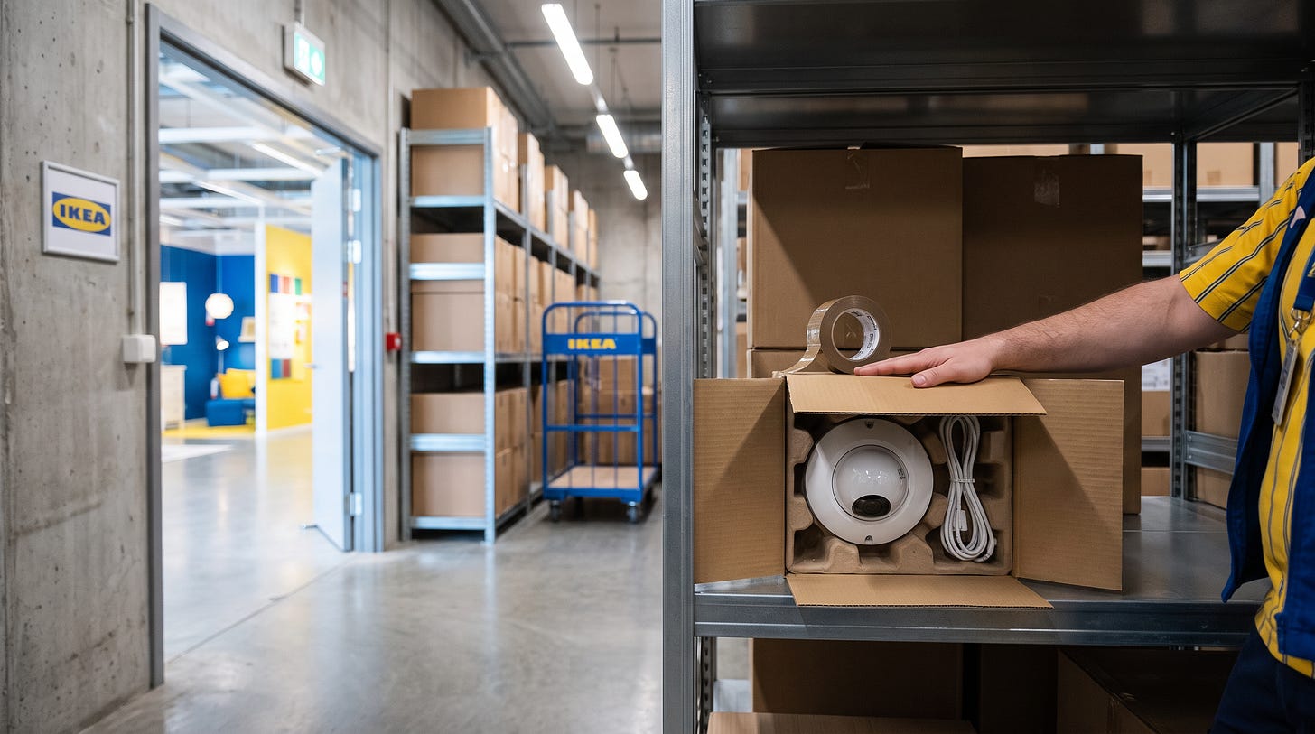 In het magazijn achter een IKEA-winkel drukt een medewerker de flappen van een doos dicht over een nieuwe plafondcamera In het magazijn achter een IKEA-winkel drukt een medewerker de flappen van een doos dicht over een nieuwe plafondcamera