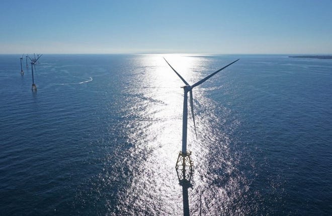 Wind turbines are shown off Block Island, Rhode Island.