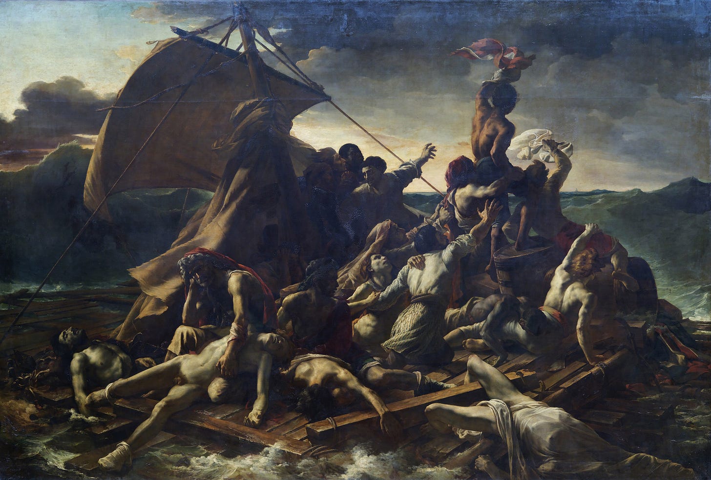 Theodore Gericault's The Raft of the Medusa, showing starving shipwreck survivors on a makeshift raft Theodore Gericault's The Raft of the Medusa, showing starving shipwreck survivors on a makeshift raft